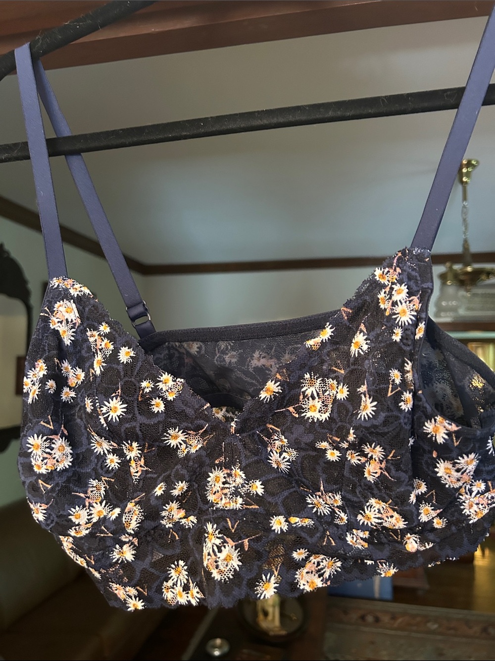 Victoria's Secret Navy Lace Bralette with White & Yellow Daisies